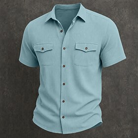 Men Shirt Casual Shirt Corduroy Shirt Button Up Shirt White Black Yellow Navy Blue Brown Short Sleeve Plain Textured Shirt Collar Casual Daily Multiple Pockets