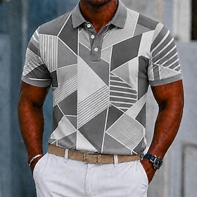 Men's Color Block Geometic Polo Shirts Short Sleeve Polo Shirts Collared Shirts Casual Athleisure 3D Print Buttons Breathable Mesh Summer Spring Black Purple G
