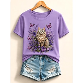 Women's 100% Cotton Cotton Shirt Floral Elegant Short Sleeve Crew Neck Regular Tops Casual Daily Going out White Light Green Light Purple Summer Spring