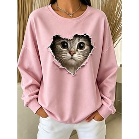 Women's Pullover Sweatshirt Print Graphic Cat Warm Active Casual Long Sleeve Crew Neck Regular Tops Casual Street Dailywear Blue Pink Purple Spring Fall Winter