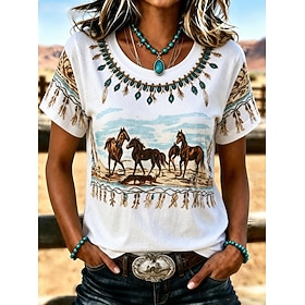 Women's T Shirt Print Graphic Geometric Tribal Bohemia Vintage Stylish Short Sleeve Crew Neck Regular Tops Casual Daily Vacation Wear Blue White Khaki Brown Su
