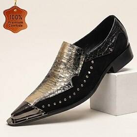 Men's Premium Genuine Leather Black Gold Slip-On Dress Shoes, Studded Pointed Toe Luxury Style for Banquets, Parties and Formal Events