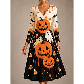 Halloween Women's Midi Dress A Line Dress Vacation Casual Regular Fit Floral Graphic Abstract Long Sleeve V Neck Blue White Pink Green Summer Spring Fall Winte