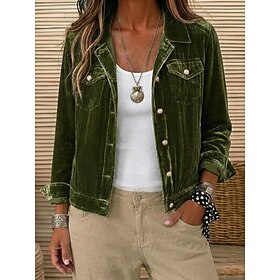 Women's Velvet Jacket Patchwork Pocket Buttons Solid Color Vintage Long Sleeve Turndown Casual Blue Black Pink Wine Army Green Summer Fall