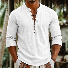 Men Linen Shirt Popover Shirt Summer Shirt Casual Shirt Plain Casual Daily White Black Navy Blue Sky Blue Long Sleeve Stand Collar Summer Spring Clothing Appar