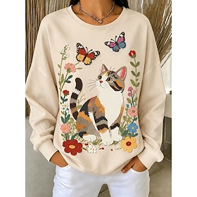 Women's Pullover Sweatshirt Patchwork Print Floral Graphic Cat Warm Active Vintage Long Sleeve Crew Neck Regular Tops Casual Street Dailywear Beige Spring Fall
