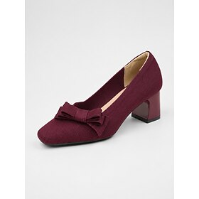 Women's Burgundy Knit Bow Pumps, Square Toe Low Block Heel Dress Shoes with Soft Textured Upper, Elegant Comfortable Shoes for Office, Weddings, Parties and Da