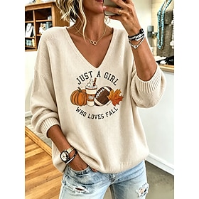 Halloween Women's Sweater Pullover Fashion Streetwear Casual Floral Graphic V Neck Oversized Knitted Long Sleeve Regular Tops Knit Daily Outdoor Orange Green S