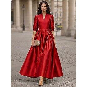 A-Line Ankle Length Cocktail Dresses Elegant Daily Half Sleeve V Neck Wedding Formal Taffeta Stretch Fabric with Pleats