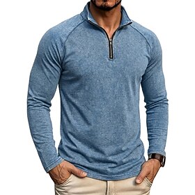 Men's T Shirt Tee Washed Shirt Quarter Zip Tee Long Sleeve Banded Collar Fall Winter Solid Color Vintage Fashion Streetwear Zipper Outdoor Vacation Street Dark