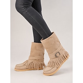 Women's Tan Faux Suede Fringe Mid-Calf Moccasin Boots with Buckle Strap and Flat Sole, Boho Western Boots for Adult Women, Festival, Casual Fall and Outdoor We