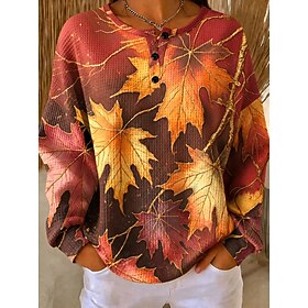 Women's Waffle Graphic Geometric Casual Print Long Sleeve Crew Neck Regular Tops Casual Street Holiday Brown Green khaki Spring Fall Winter