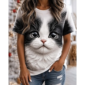 Women's T Shirt Color Block Print Graphic Animal Cat Vintage Stylish Classic Short Sleeve Crew Neck Round Neck Regular Tops Casual Daily White Black Pink Orang