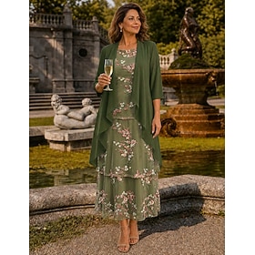 Two Piece A-Line Ankle Length Mother of the Bride Dress Sleeveless 3/4 Length Sleeve Half Sleeve Scoop Neck Elegant Simple Luxurious Formal Wedding Guest Chiff