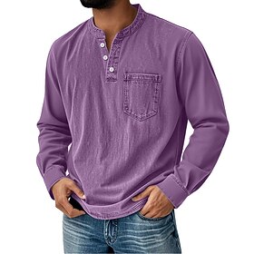SoftFade™ Men's Vintage Henley Shirt 100% Cotton Acid Wash Shirt T shirt Tee Long Sleeve Retro Vintage Casual Spring Fall Blue Black Pink Brown Henley Henley T