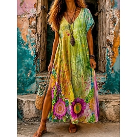 Women's Maxi long Dress Casual Dress A Line Dress Casual Beach Loose Fit Floral Graphic Short Sleeve V Neck Pink Green Apricot Summer Spring