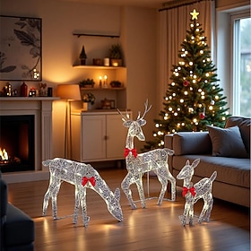 3 Pack Colorful Pre-Lit 2D Reindeer Family Christmas Outdoor Decorations, Waterproof Light Up Deer Figurine Ornament for Patio, Lawn, Garden, Backyard Xmas Hol