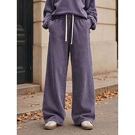 Women's Washed Cotton Trousers Casual Daily Full Length Medium Waist Pocket Wide Leg Comfort Micro-elastic Casual Daily Blue Dark purple Black Beige Fall Winte