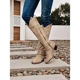 Women's Beige Faux Suede Knee High Cowboy Boots with Side Zipper, Studded Buckle Straps and Low Block Heel, Western Boots for Country Concerts, Festivals and C