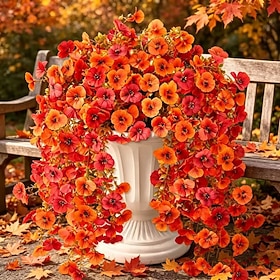 4 Pcs Fall Artificial Hanging Mums Flowers for Outdoor Fake Plants Decoration, Faux Silk UV Resistant Thanksgiving Halloween No Fade Plants for Front Door Gard