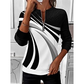 Women's Zip Up Sweatshirts Zipper Print Graphic Geometric Abstract Fashion Casual Long Sleeve Round Neck Half Zip Regular Tops Casual Street Dailywear Blue Whi