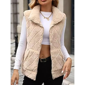 Women's Vest Warm Zipper Casual Plain Casual Going out Regular Stand Collar Loose Fit Sleeveless Outerwear Khaki Gray Spring Fall