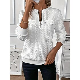 Women's Casual Elegant Textured Patchwork Buttons Quarter Zip Long Sleeve Crew Neck Long Tops 8806 Black-1 8806 White-1 8806 Diamond Red-1 8806 Pink-1 8806 Nav