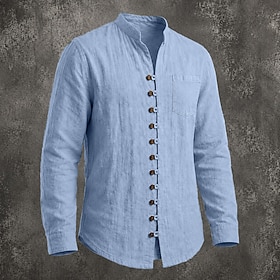 Men Shirt Linen Shirt Summer Shirt Casual Shirt Button Up Shirt Plain Casual Daily White Black Pink Navy Blue Long Sleeve Band Collar Spring Summer Summer Clo