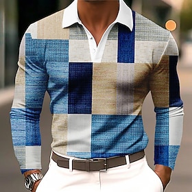 Men's Color Block Geometic Polo Shirts Long Sleeve Polo Shirts Lapel Casual Outdoor Street Athleisure Daily Wear 3D Print Buttons Spring Fall Winter Blue Purpl