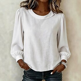 Women's Blouse Solid Color Vintage Stylish Basic Long Sleeve Crew Neck Regular Tops Casual Daily Office White Yellow Pink Green Summer Spring Fall