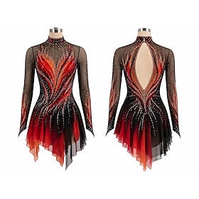Figure Skating Dress Women's Ice Skating Dress BlackRed Patchwork Thumbhole Stretchy Training Competition Skating Wear Classic Crystal / Rhinestone Long Sleeve
