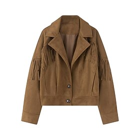 Retro Vintage Hippie 1970s Jacket Long Sleeves Tassel Fringe Solid Color Notched Lapels Fancy Dress Women's Performance Casual Daily Adults' Jacket Fall  Winte