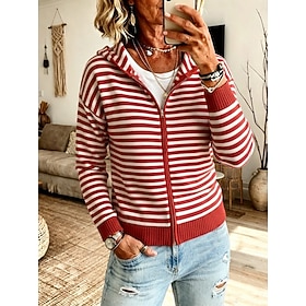 Women's Cardigan Vintage Striped Ribbed Hooded Patchwork Zipper Textured Drop Shoulder Long Sleeve Regular Tops Knit Daily Blue Black Fall Winter