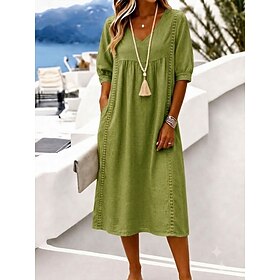Women's Midi Dress Shift Dress Sundress Elegant Bohemia Vacation Loose Fit Solid Color Short Sleeve V Neck Sage Green Black Yellow Summer Spring Fall