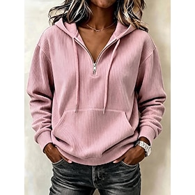 Women's Hoodies Corduroy Shirt Drawstring Zipper Casual Long Sleeve Hooded Regular Tops Blue White Khaki Black Pink Fall Winter