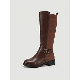 Women's Suede Patchwork Knee High Riding Boots - Dark Brown Low Heel Leather Tall Boots with Buckle Strap for Casual, Office  Fall Winter Wear