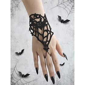 Women's Halloween Bat Lace Fingerless Gloves, Gothic Hollow Out Hand Chain Gloves with Bat Pattern, Elegant Costume Accessories for Women, Perfect for Hallowee