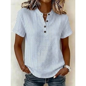 Women's Blouse Graphic Geometric Elegant Vacation Vintage Short Sleeve Henry Collar Long Tops Casual Blue Black Pink Green Summer Spring