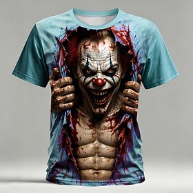 Men's Optical Illusion Creepy Clown 3D T Shirt Short Sleeve T shirt 3D Print Crew Neck Shirt Exaggerated Designer Horror Club Party Street Lake Blue Pink Purpl