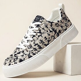 Men's Black White Floral Lace-Up Sneakers, Low Top Fashion Casual Style for Young Men, Campus, Travel, Parties and Weekend Wear
