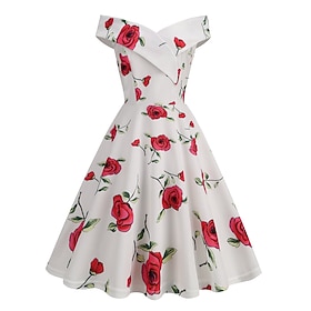 1950s Retro Vintage Rockabilly Midi Dress Flare Dress Sleeveless High Waist Floral Fruit Fit  Flare Y Neck Fancy Dress Women's Valentine's Day Music Festival R