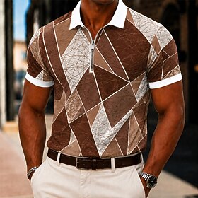 Men's Color Block Geometic Polo Shirts Zip Polo Short Sleeve Turndown Casual / Sporty Casual Daily Sports  Outdoor Zipper 3D Print Summer Spring Blue Brown Gre