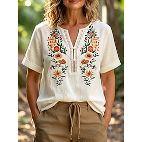 Women's Blouse Floral Stylish Casual Short Sleeve Crew Neck Regular Tops Casual Daily White Summer Spring