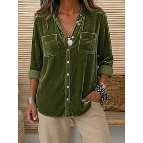 Women's Vintage Casual Velvet Button Down Pocket Solid Color Long Sleeve Shirt Collar Army Green Purple Brick red Fall Winter
