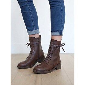 Women's Dark Brown Lace Up Microbial Leather Combat Boots, Vintage Style Square Toe Side Zipper Short Boots, Classic Fall Winter Boots for Everyday Wear, Casua