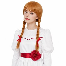 Creepy Doll Light Brown Braided Wig with Bangs and Red Bows – Halloween Horror Costume Wig for Women
