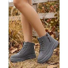 Women's Gray Casual Ankle Boots, Comfortable Lace Up Walking Boots with Side Zipper, Outdoor Footwear for Travel, Hiking, Weekend Outings and Autumn Winter Lei