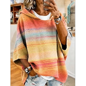 Women's Pullover Sweatshirt Patchwork Graphic Striped Fashion Casual Print 3/4 Length Sleeve Half Sleeve Hooded Regular Tops Casual Street khaki Rainbow Summer
