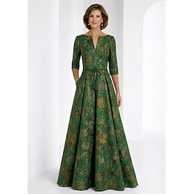A-Line Floor Length Mother of the Bride Dress Half Sleeve V Neck Elegant Vintage Formal Wedding Guest Metallic Fabric Jacquard with Bow(s) Pleats