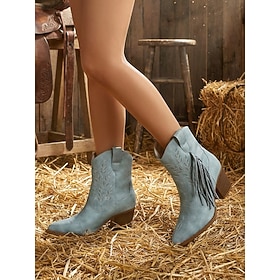 Women's Blue Block Heel Western Ankle Boots, Pointed Toe Cowboy Booties with Side Tassel Detail, Casual Short Boots for Fall Winter Walking, Travel, Countrysid